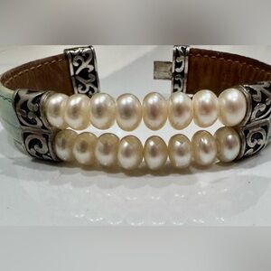 Honora bracelet- blue leather, fresh water pearls, and sterling silver